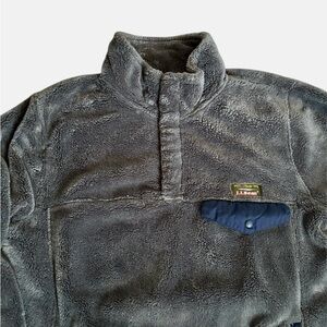 LL Bean Hi-Pile Sherpa Gray and Blue Pullover 1/4 Snap Unisex Med 505087